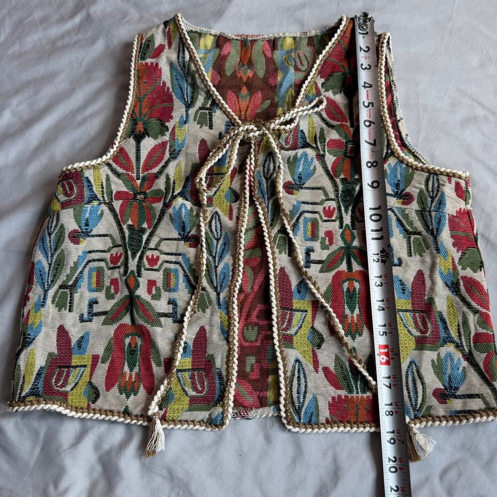 Vintage Tapestry Boho Tie Front Vest Women's Medium M Floral Woven - Picture 7 of 7